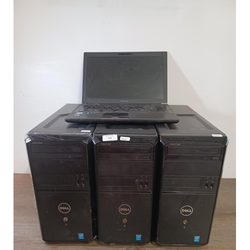 772 - Four items, three Dell desktop PCs and one Toshiba Windows 7 Pro laptop