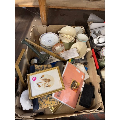 925 - Eight boxes containing ten early 20th century Wedgwood X8593 tea cups, books, quartz wall clock, Son... 