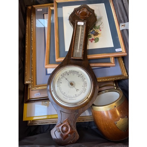 933 - Two suitcases containing mid 20th century oak cased aneroid barometer, oak and EPNS biscuit barrel, ... 