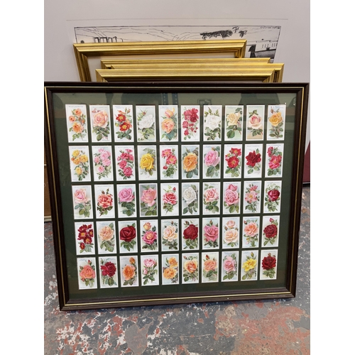 937 - Eight framed items, six prints, one mirror and one collection of Wills's Roses cigarette cards