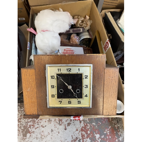 941 - Four boxes containing women's handbags, soft toys, bath products, Art Deco Haller oak cased chiming ... 