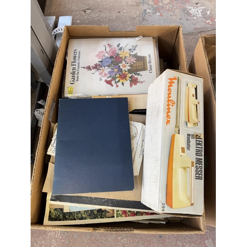 949 - Three boxes containing glassware, wooden cased Kibro microscope, silver plated salad servers, Typhoo... 