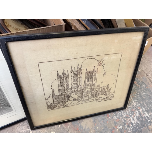 950 - Three boxes containing a large quantity of framed pictures and prints to include L.S Lowry, watercol... 