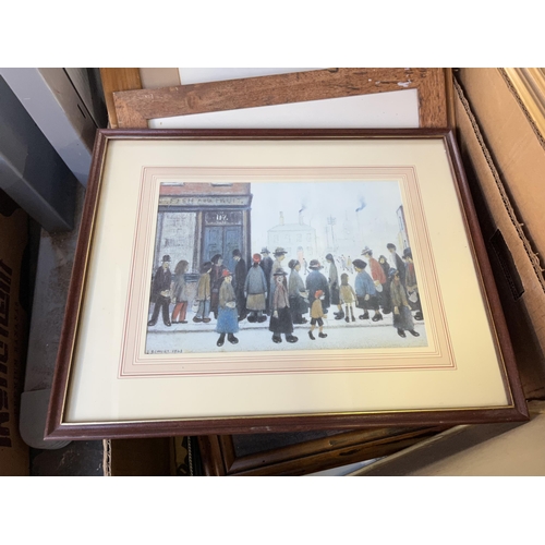 950 - Three boxes containing a large quantity of framed pictures and prints to include L.S Lowry, watercol... 