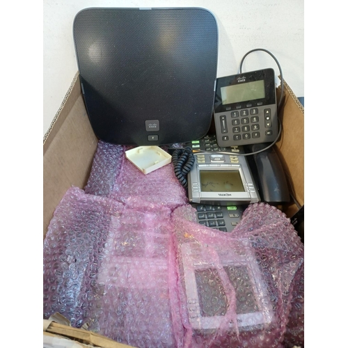 786 - A box containing a collection of office telecommunications equipment