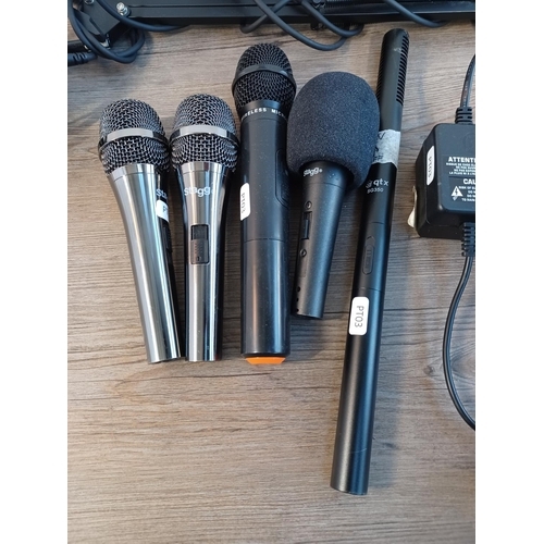 757 - A collection of items to include Alvoxcon A-800 home studio vocal microphone with cradle and clampin... 