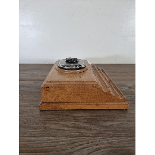 503 - A mid 20th century oak desk tidy with glass inkwell - approx. 8cm high x 21cm wide x 18.5cm deep