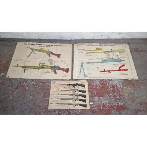 525 - Three vintage weapon training posters - largest approx. 101cm wide x 76cm high