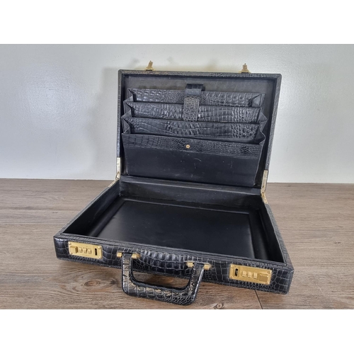 529 - An Amiet black leather crocodile skin effect briefcase - approx. 8cm high x 43cm wide x 31cm deep