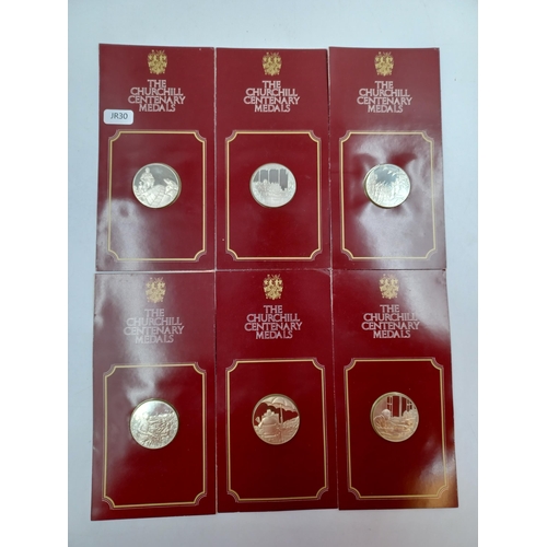 2376 - Six packaged John Pinches Medallists Ltd. hallmarked 925 silver proof Churchill Centenary medals