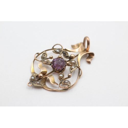 2064 - An antique 9ct gold amethyst and seed pearl lavalier pendant - approx. gross weight 2.2 grams