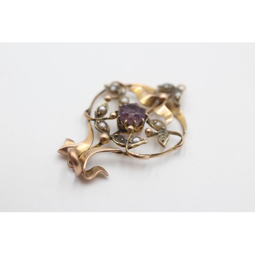 2064 - An antique 9ct gold amethyst and seed pearl lavalier pendant - approx. gross weight 2.2 grams