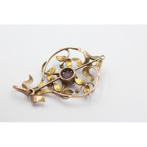 2064 - An antique 9ct gold amethyst and seed pearl lavalier pendant - approx. gross weight 2.2 grams