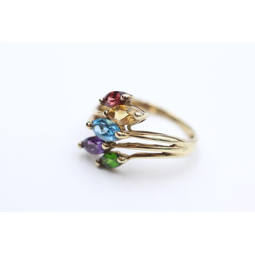 2076 - A 9ct gold topaz, garnet, citrine, amethyst and diopside stylised floral dress ring, size N - approx... 