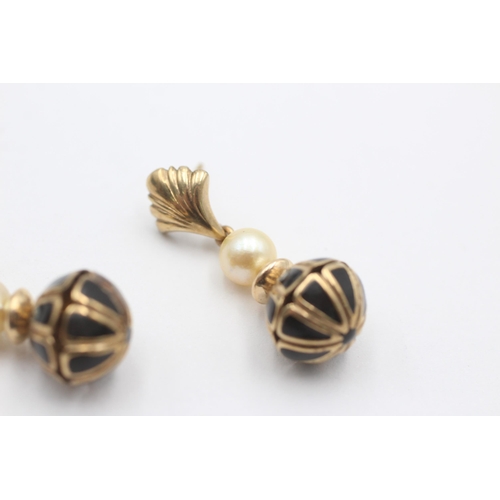 2096 - A pair of 9ct gold pearl and black enamel drop earrings - approx. gross weight 6.4 grams