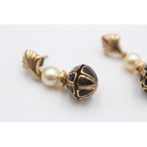 2096 - A pair of 9ct gold pearl and black enamel drop earrings - approx. gross weight 6.4 grams