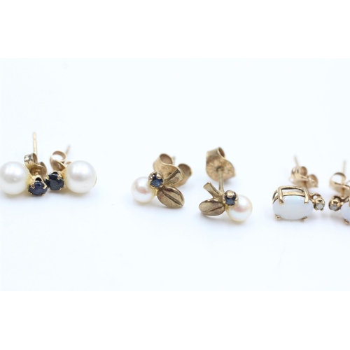 2115 - Three pairs of 9ct gold gemstone stud earrings, one opal and diamond and two sapphire and pearl - ap... 