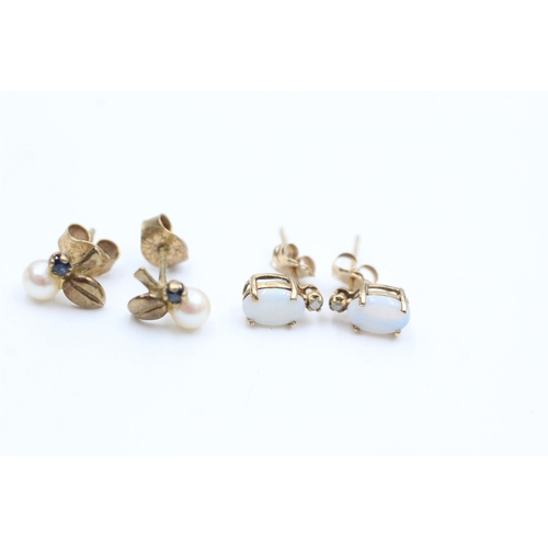 2115 - Three pairs of 9ct gold gemstone stud earrings, one opal and diamond and two sapphire and pearl - ap... 