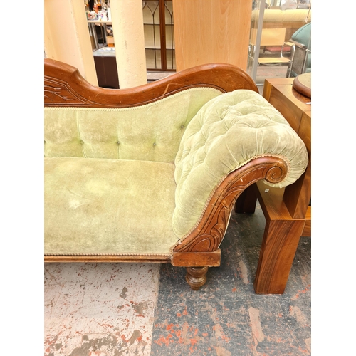 55 - A late 19th century mahogany and green fabric upholstered double ended sofa - approx. 89cm high x 21... 