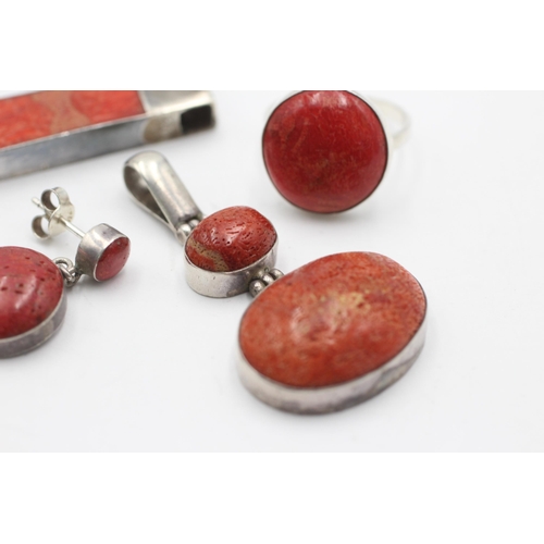 2179 - Four pieces of .925 silver coral jewellery - approx. gross weight 29 grams