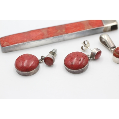 2179 - Four pieces of .925 silver coral jewellery - approx. gross weight 29 grams