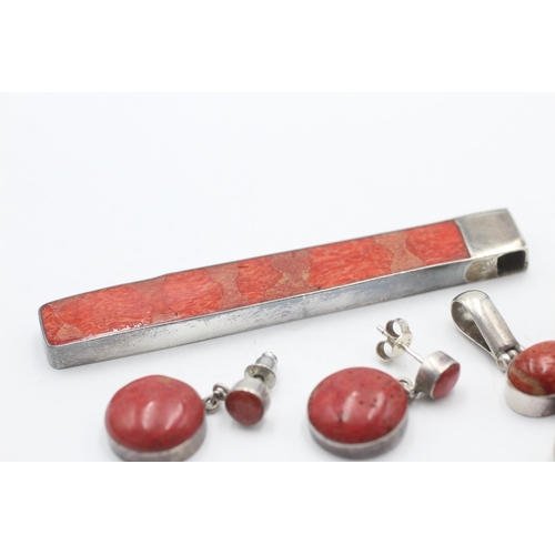 2179 - Four pieces of .925 silver coral jewellery - approx. gross weight 29 grams