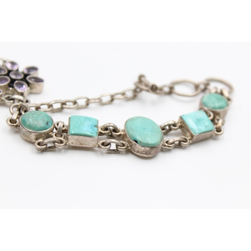 2182 - Two .925 silver gemstone bracelets, one amethyst and one turquoise - approx. gross weight 50 grams