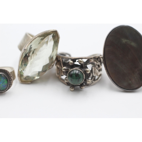 2190 - Five .925 silver gemstone rings to include shell, opal - approx. gross weight 44.5 grams