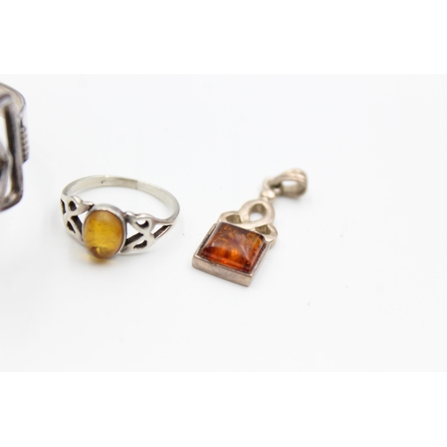 2193 - Three pieces of .925 silver amber jewellery - approx. gross weight 26 grams