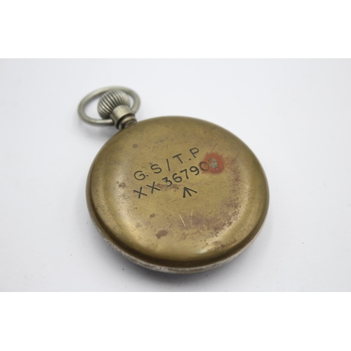 2232 - A WWII Damas hand-wind pocket watch engraved with military broad arrow mark, G.S/T.P and issue no. X... 