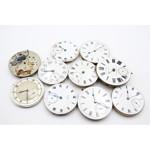 2239 - Ten hand and key wind pocket watch movements with enamel dials to include Waltham, H. Samuel etc.