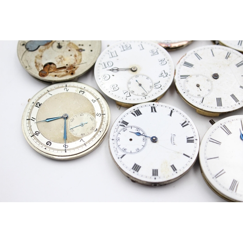 2239 - Ten hand and key wind pocket watch movements with enamel dials to include Waltham, H. Samuel etc.