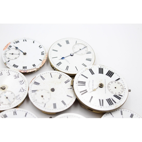 2239 - Ten hand and key wind pocket watch movements with enamel dials to include Waltham, H. Samuel etc.