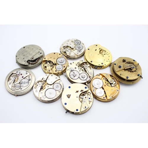 2239 - Ten hand and key wind pocket watch movements with enamel dials to include Waltham, H. Samuel etc.