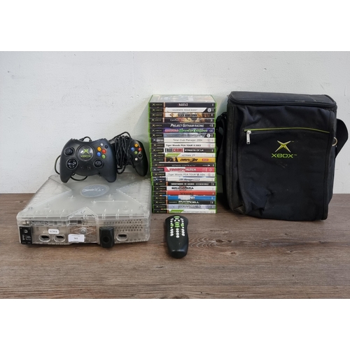 561 - A Microsoft original Xbox crystal hard-modded games console with one Duke controller, one S controll... 