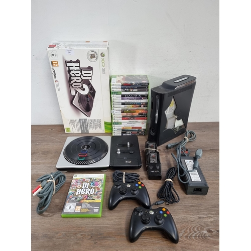 564 - A Microsoft Xbox 360 elite games console with custom cut Batman case, boxed DJ HERO 2 turntable and ... 