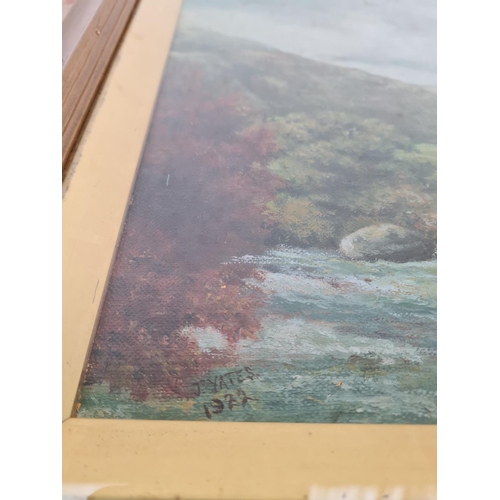 220 - An early 20th century gilt framed oil on canvas of a landscape scene, signed J. Yates and dated 1922... 