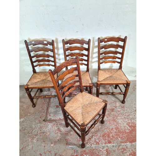 122A - Four 19th century style elm and beech rush seated Lancashire dining chairs