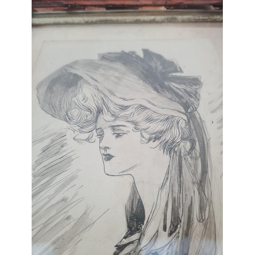 222 - An oak framed pen and ink portrait of lady wearing hat, signed M.P - approx. 40cm high x 34cm wide