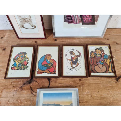 229 - Seven framed pictures to include four Daphne Odjig prints, Jill Coleman Amish no. 363 limited editio... 