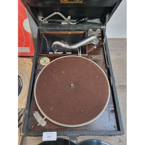 671 - An HMV model 101 wind-up gramophone with a selection of shellac records