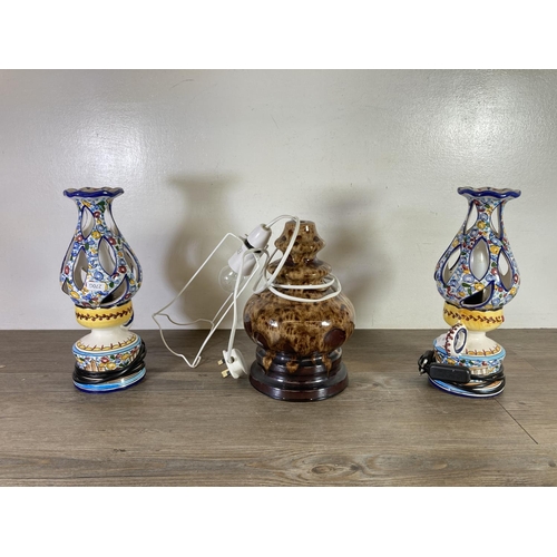 478 - Three ceramic table lamps, two 31cm Portuguese and one 26cm West German style