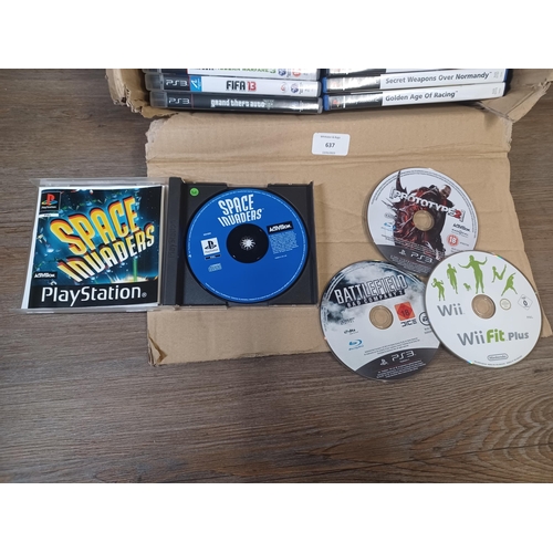 637 - A box containing games for various platforms to include PS3, PS2, PS1, PC CD ROMs etc.