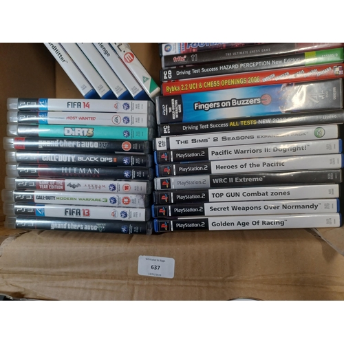 637 - A box containing games for various platforms to include PS3, PS2, PS1, PC CD ROMs etc.