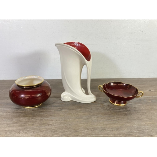 335 - A collection of ceramics and glassware to include Carlton Ware Rouge Royale twin handled pedestal di... 