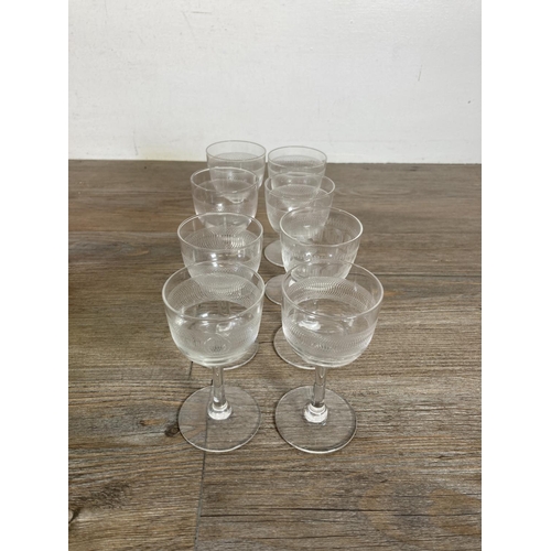 354C - A collection of clear and coloured glassware to include a Victorian penny lick ice cream glass etc.