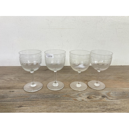 354C - A collection of clear and coloured glassware to include a Victorian penny lick ice cream glass etc.