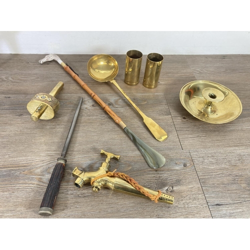 371 - A collection of metalware to include silver plated oval dish, brass and oak mortise gauge, pair of b... 