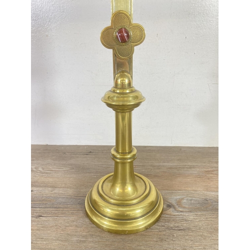 381 - A Victorian Jones & Willis brass altar cross with agate stones  - approx. 62cm high x 25cm wide