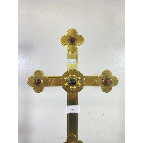 381 - A Victorian Jones & Willis brass altar cross with agate stones  - approx. 62cm high x 25cm wide